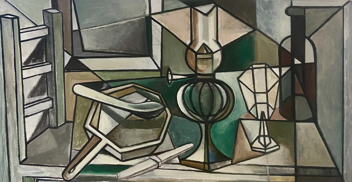 Nature morte chaise, lampe à huile, poêle, juillet 1991